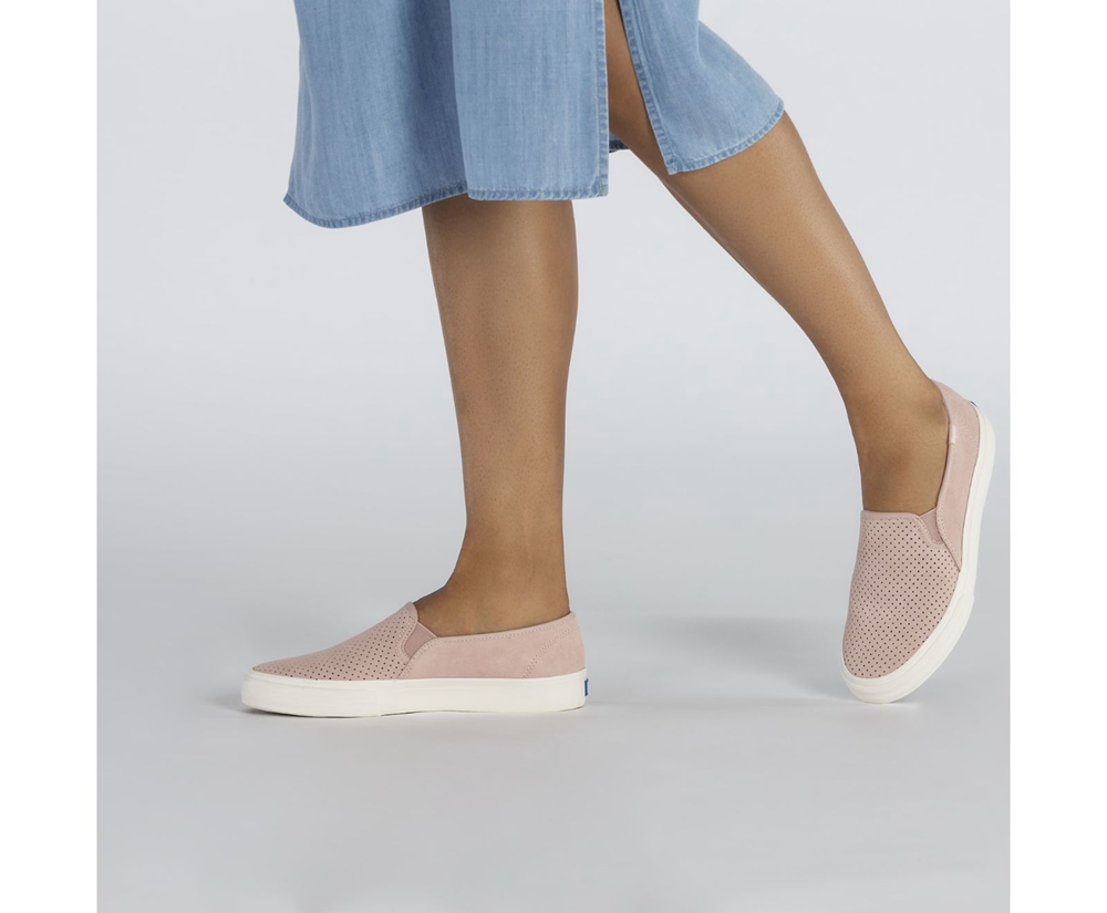 Keds Slip Ons Pink - Double Decker Perf Suede - Womens KCFBZN-526